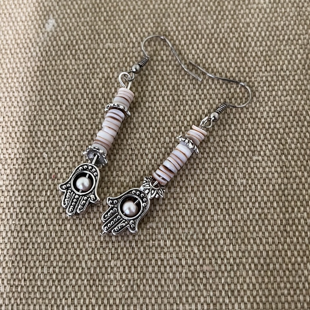 Handmade 🪬 Hamsa Charm & Shell Dangle Earrings - Picture 3 of 5